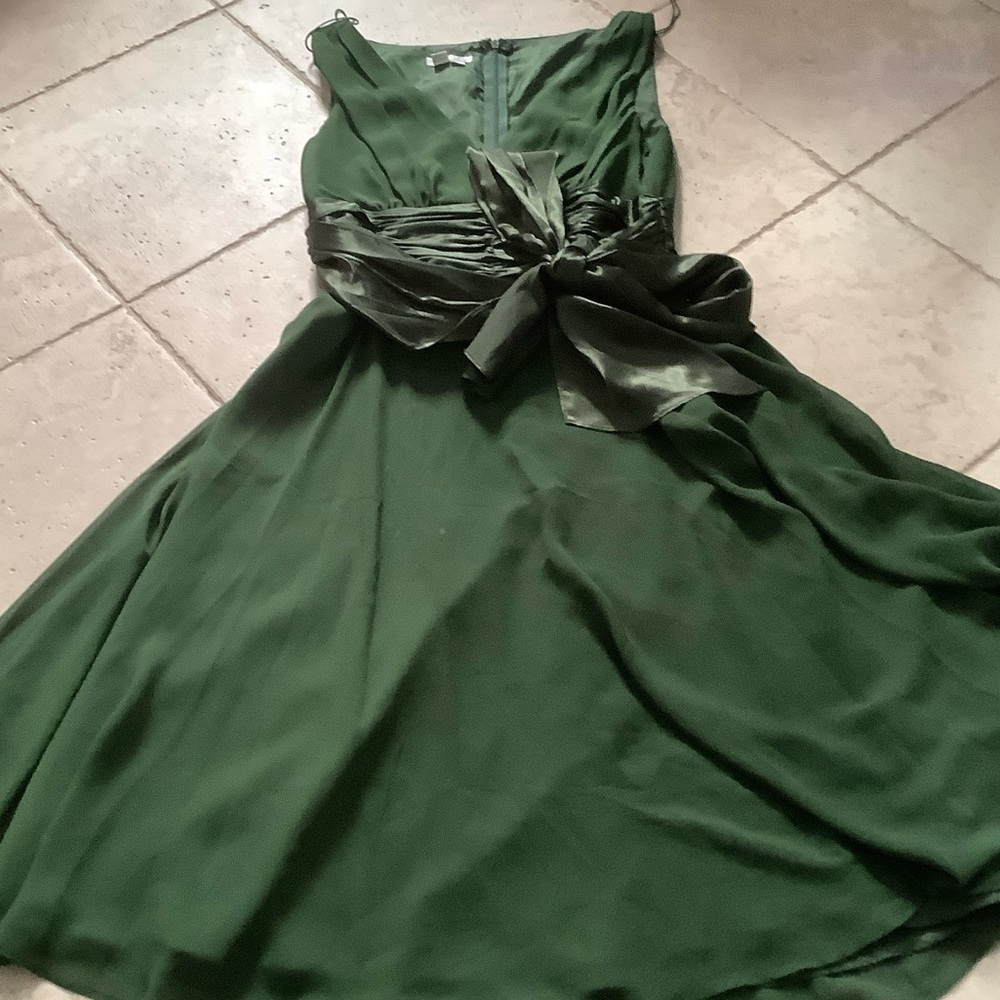 London Times Dark Green Midi Dress with Satin Waist Tie